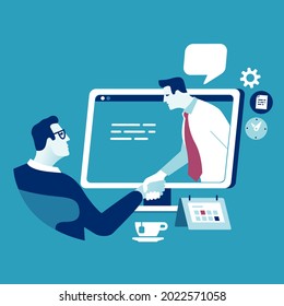 Cooperation. Distance work. Online working. The businessmen shaking hands over  PC monitor. Online business illustration. 