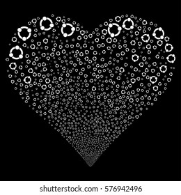 Cooperation fireworks with heart shape. Vector illustration style is flat white iconic symbols on a black background. Object valentine heart constructed from confetti symbols.