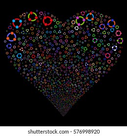 Cooperation fireworks with heart shape. Vector illustration style is flat bright multicolored iconic symbols on a black background. Object valentine heart organized from confetti design elements.
