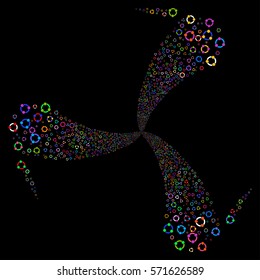 Cooperation fireworks swirl rotation. Vector illustration style is flat bright multicolored iconic symbols on a black background. Object whirlpool constructed from random icons.