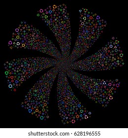 Cooperation fireworks swirl rotation. Vector illustration style is flat bright multicolored iconic symbols on a black background. Object spiral combined from random pictograms.