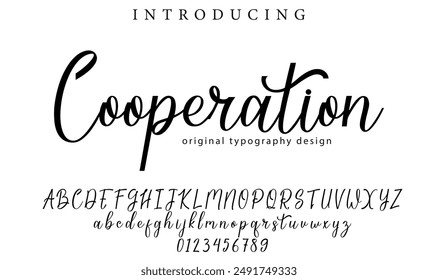 Cooperación Fuente Pincel elegante pintado en mayúsculas letras de Vector, alfabeto, tipo de letra