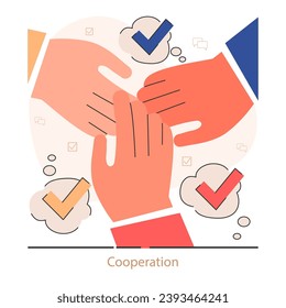 Cooperation. Hands joint or put together. Shared goals, coordination for additional business development. Idea of successful coworking. Flat vector illustration
