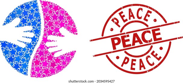 Cooperation hands star pattern and grunge Peace stamp. Red stamp with rubber style and Peace tag inside circle. Abstract cooperation hands composition is designed with randomized flat star parts.