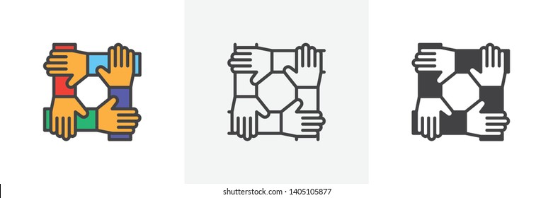 Cooperation hands, teamwork icon. Line, glyph and filled outline colorful version, Team work outline and filled vector sign. Symbol, logo illustration. Different style icons set. Vector graphics