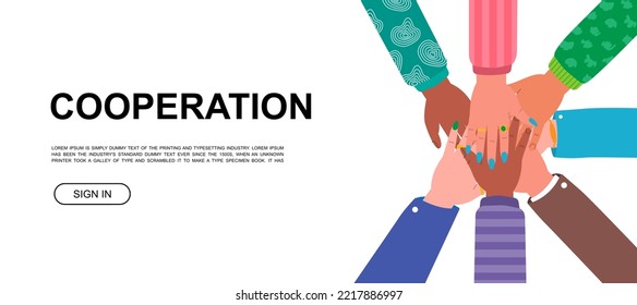 Cooperation. Hands together horizontal banner template. Multi-ethnic hands together. Human arms with accessories. International volunteer community.