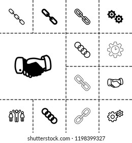 Cooperation icon. collection of 13 cooperation filled and outline icons such as handshake, chain, gear. editable cooperation icons for web and mobile.