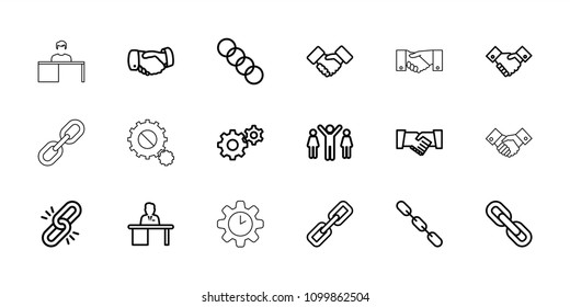 Cooperation icon. collection of 18 cooperation outline icons such as handshake, gear, chain, man working at the table. editable cooperation icons for web and mobile.