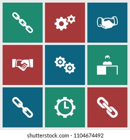Cooperation icon. collection of 9 cooperation filled icons such as handshake, gear, chain, clock in gear. editable cooperation icons for web and mobile.