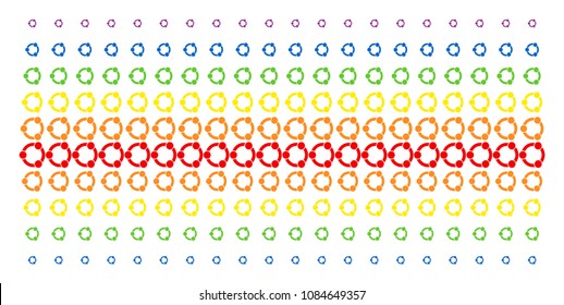 Cooperation icon rainbow colored halftone pattern. Vector items organized into halftone array with vertical spectral gradient. Constructed for backgrounds, covers, templates and abstraction effects.