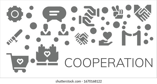 cooperation icon set. 11 filled cooperation icons. Included Gear, Agreement, Baton, Shake hands, Solidarity, Hand, Hands, Peace, Handshake icons