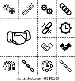 Cooperation Icon. Set Of 13 Filled And Outline Cooperation Icons Such As Chain, Clock In Gear, Gear, Handshake