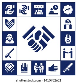 cooperation icon set. 17 filled cooperation icons.  Collection Of - Hands, Handshake, Employee, Baton, Handgrip, Hand, Agreement, Solidarity, Teamwork, Cooperation, Gear