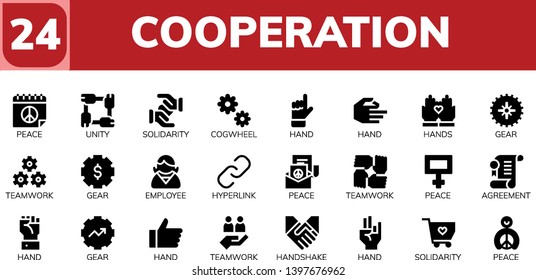 cooperation icon set. 24 filled cooperation icons.  Collection Of - Peace, Unity, Solidarity, Cogwheel, Hand, Hands, Gear, Teamwork, Employee, Hyperlink, Agreement, Handshake