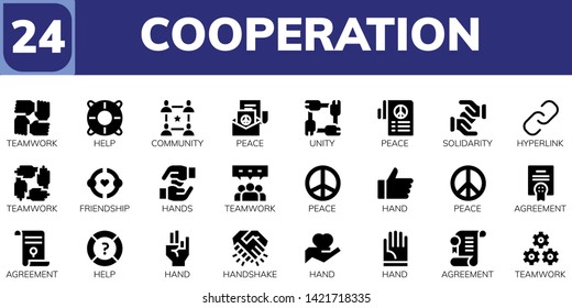 cooperation icon set. 24 filled cooperation icons.  Simple modern icons about  - Teamwork, Help, Community, Peace, Unity, Solidarity, Hyperlink, Friendship, Hands, Hand, Agreement