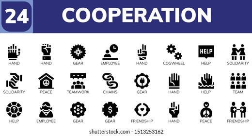 cooperation icon set. 24 filled cooperation icons.  Collection Of - Hand, Gear, Employee, Cogwheel, Help, Solidarity, Peace, Teamwork, Chains, Team, Friendship icons