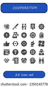 cooperation icon set. 25 filled cooperation icons.  Collection Of - Shake hands, Baton, Partners, Agreement, Gear, Peace, Help, Hand, Friendship, Teamwork, Employee, Handshake