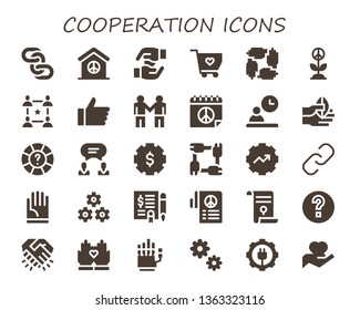 cooperation icon set. 30 filled cooperation icons.  Simple modern icons about  - Chains, Peace, Hands, Solidarity, Teamwork, Community, Hand, Deal, Employee, Help, Agreement, Gear