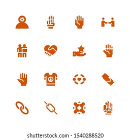cooperation icon set. Collection of 16 filled cooperation icons included Hand, Team, Link, Help, Friendship, Peace, Hand shake, Employee