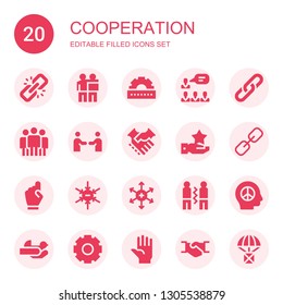 cooperation icon set. Collection of 20 filled cooperation icons included Link, Friendship, Cogwheel, Teamwork, Team, Handshake, Hand, Negative ion, Positive ion, Peace, Hands