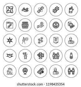 Cooperation icon set. collection of 25 outline cooperation icons with chain, broken link, devotion, deal, employee, gear, hand, hands, handshake icons. editable icons.