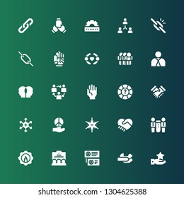 cooperation icon set. Collection of 25 filled cooperation icons included Hand, Hands, Teamwork, Team, Resources, Hand shake, Negative ion, Peace, Positive ion, Handshake, Help