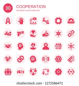 cooperation icon set. Collection of 30 filled cooperation icons included Hand, Teamwork, Friendship, Chain, Hands, Peace, Negative ion, Handshake, Employee, Link, Greeting, Cogwheel