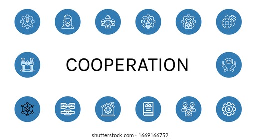 conjunto de iconos de cooperación. Colección de iconos Gear, Director de marketing, Equipo, Líder, Enlace, CogWheel, Acuerdo, Manos