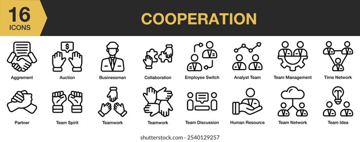 Cooperation icon set. Includes agreement, analyst team, auction, businessman, collaboration, and More. Outline icons vector collection.