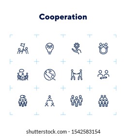 Cooperation icon set. Line icons collection on white background. Collaboration, achievement, teamwork. Company concept. Can be used for topics like business, marketing strategy, staff
