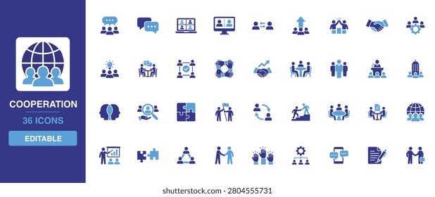 Cooperation icon set presenting collaborative teamwork, business partnership, joint venture, corporate alliance and collective effort glyph designs for presentation decks.