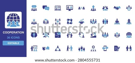 Cooperation icon set presenting collaborative teamwork, business partnership, joint venture, corporate alliance and collective effort glyph designs for presentation decks.