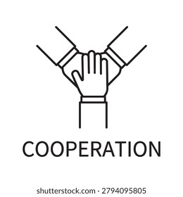Cooperation Icon with Three Stacked Hands Together — Flat Black Outline Vector Symbol for Teamwork, Unity, Collaboration, Partnership and Community Support Concept

