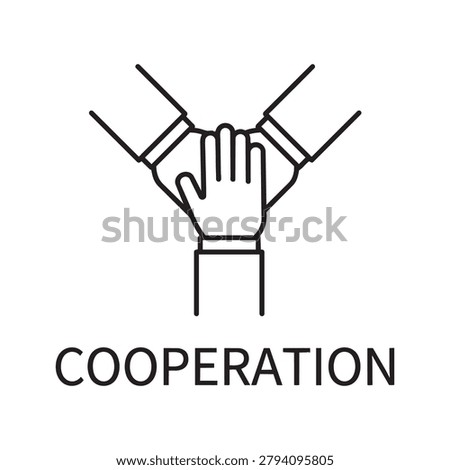 Cooperation Icon with Three Stacked Hands Together — Flat Black Outline Vector Symbol for Teamwork, Unity, Collaboration, Partnership and Community Support Concept
