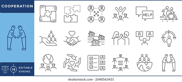 Cooperation icons pack. 18 line icons. Vector editable stroke. Love, care, help, support, unity, together, puzzle.