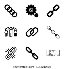 Cooperation icons. set of 9 editable filled and outline cooperation icons such as chain, group of people and man celebrating victory, gear