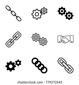 Cooperation icons. set of 9 editable filled and outline cooperation icons such as gear, chain