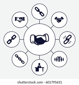 cooperation icons set. Set of 9 cooperation filled icons such as handshake, chain, man working at the table