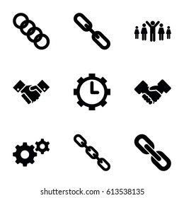 Cooperation icons set. set of 9 cooperation filled icons such as gear, chain, clock in gear, handshake