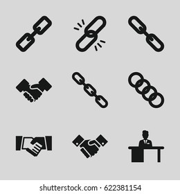 Cooperation icons set. set of 9 cooperation filled icons such as chain, man working at the table