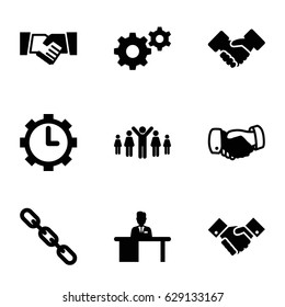 Cooperation icons set. set of 9 cooperation filled icons such as handshake, gear, chain, man working at the table, clock in gear