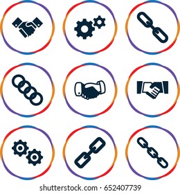 Cooperation icons set. set of 9 cooperation filled icons such as handshake, gear