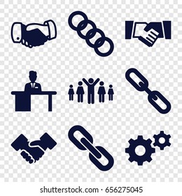 Cooperation icons set. set of 9 cooperation filled icons such as handshake, gear, chain, man working at the table