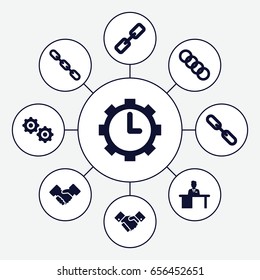 Cooperation icons set. set of 9 cooperation filled icons such as chain, man working at the table, clock in gear, handshake