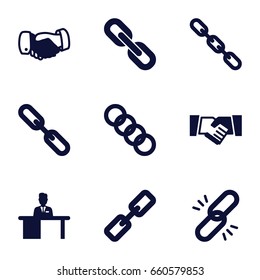 Cooperation icons set. set of 9 cooperation filled icons such as handshake, chain