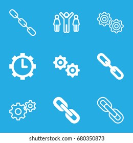 Cooperation icons set. set of 9 cooperation filled and outline icons such as chain, clock in gear, gear