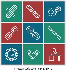 Cooperation icons set. set of 9 cooperation outline icons such as gear, chain, man working at the table, clock in gear