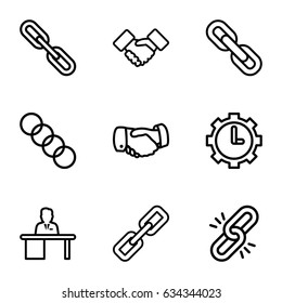 Cooperation icons set. set of 9 cooperation outline icons such as handshake, chain, man working at the table