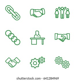 Cooperation icons set. set of 9 cooperation outline icons such as handshake, gear, man working at the table, chain