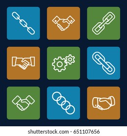 Cooperation icons set. set of 9 cooperation outline icons such as handshake, gear